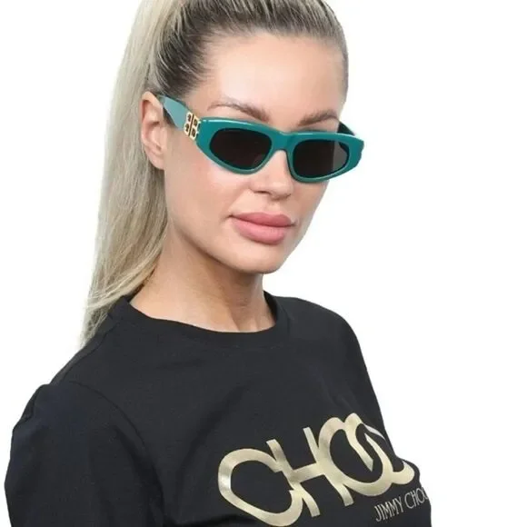 SALE! NEW Balenciaga BB0095S 005 Green Gold Logo Grey Cat Eye Women Sunglasses - Picture 3 of 15